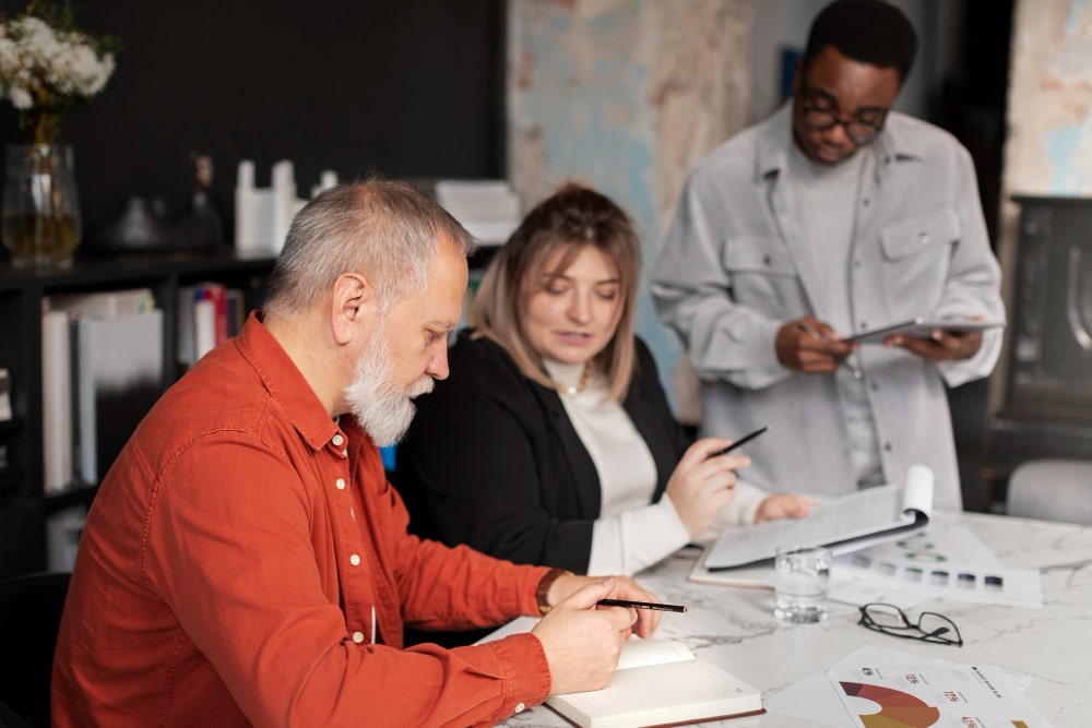 Trois professionnels en réunion, partageant des connaissances pour devenir un expert reconnu dans votre domaine à Toulouse par la collaboration